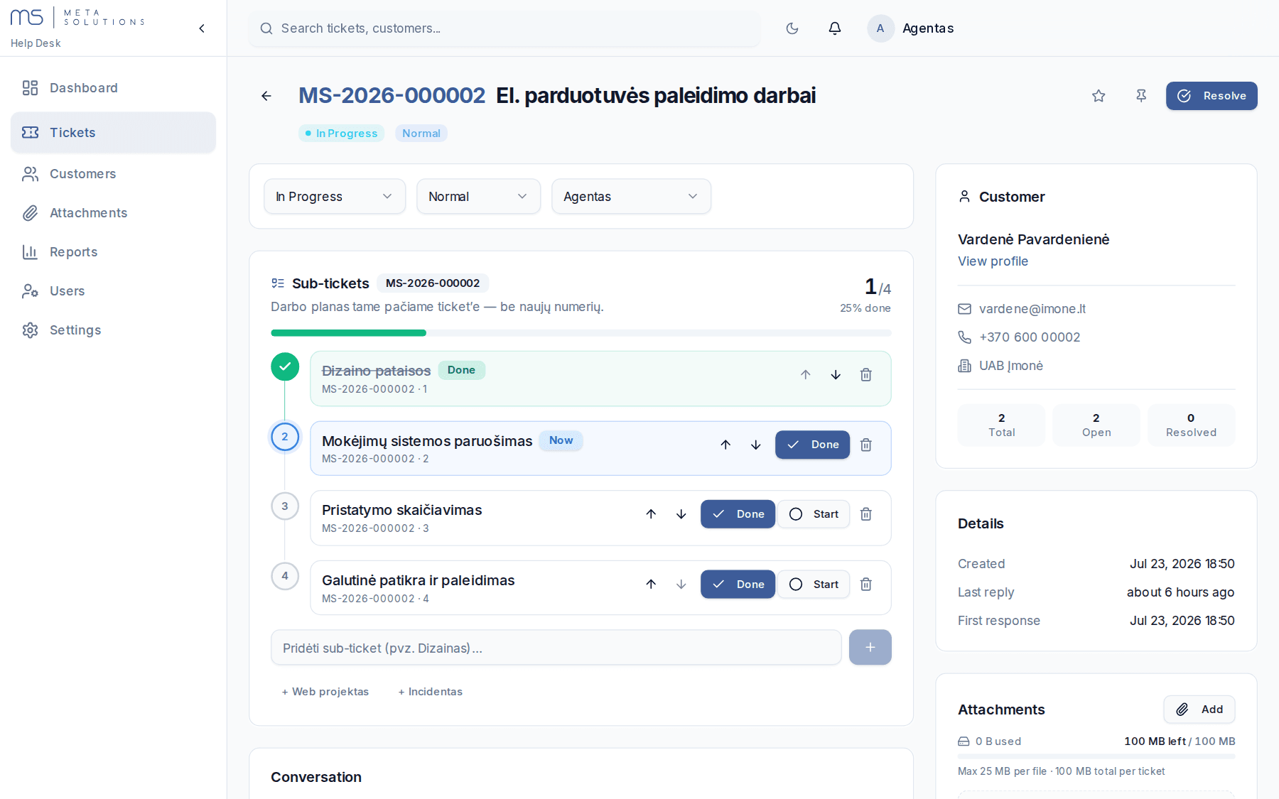Meta-Solutions pagalbos sistema — užklausos detalės su darbų planu